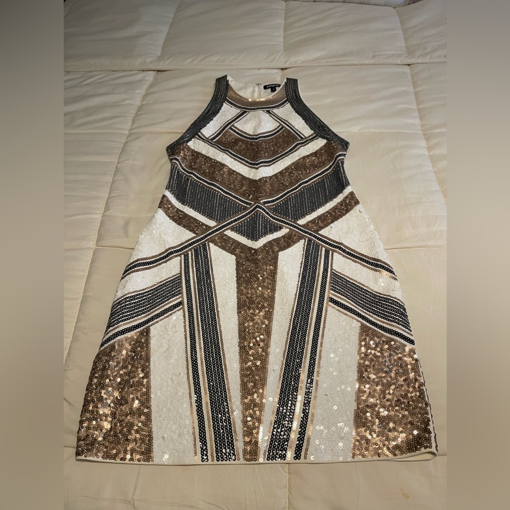 Sequins dress from Express. Size Medium. Cream, gold & black. Sleeveless. Aztec